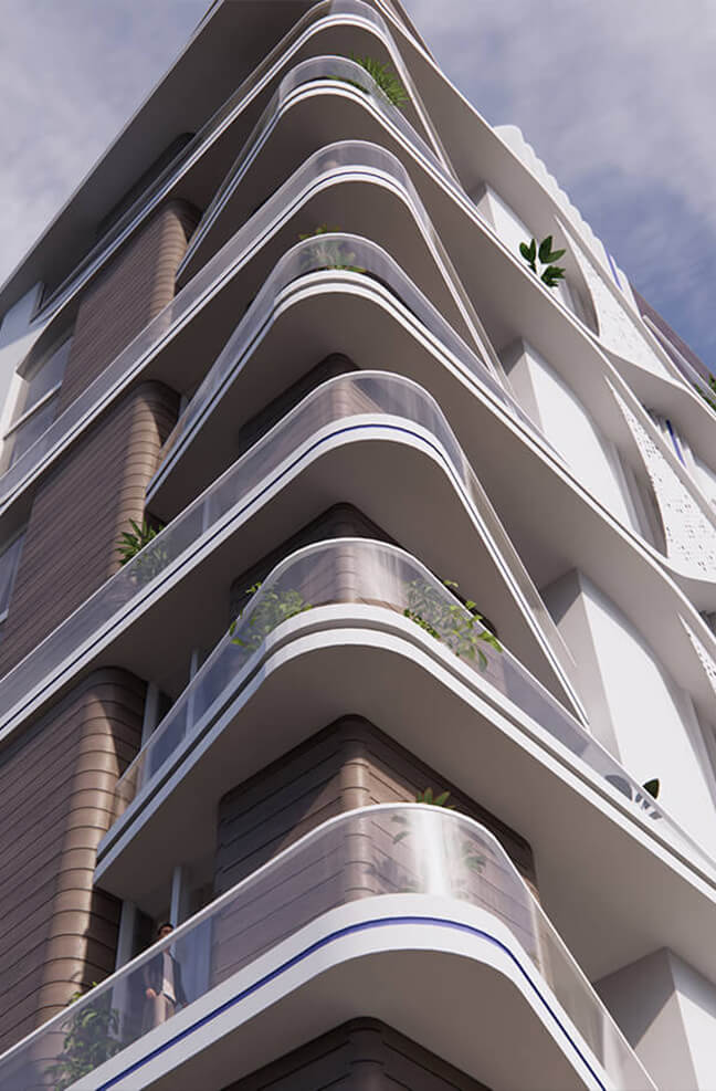 3D visualization of an apartment buildings balconies in modern style