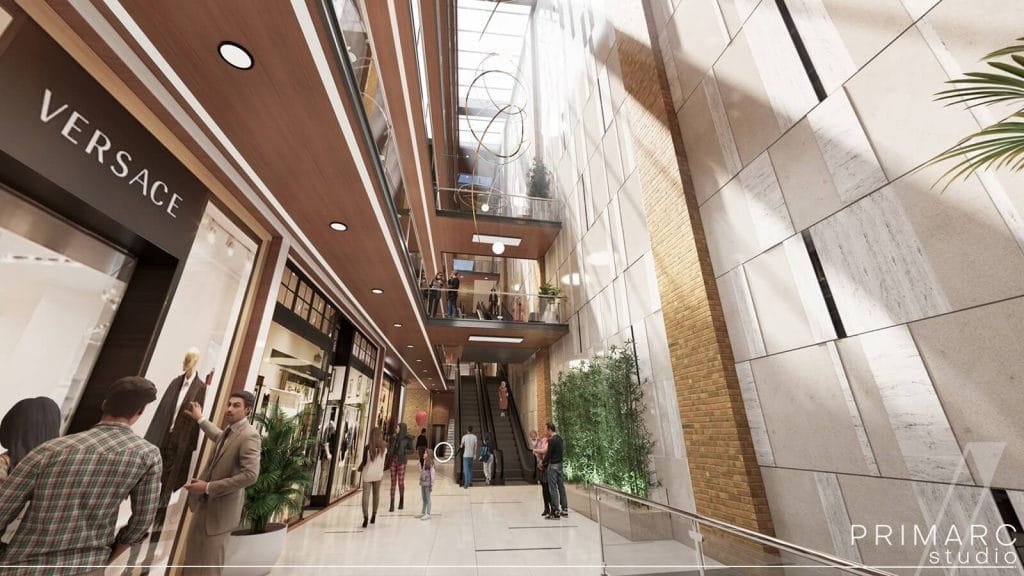 View from the oculus, about malls entrance and skylight above atrium