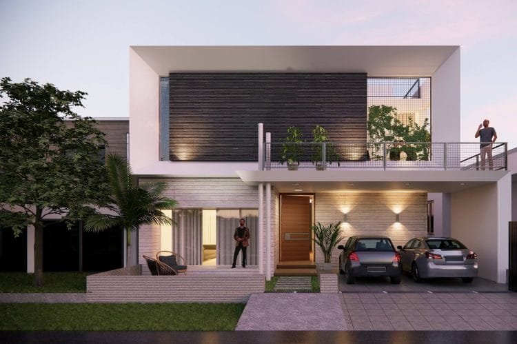 House design in capital enclave with white and black rock in facade