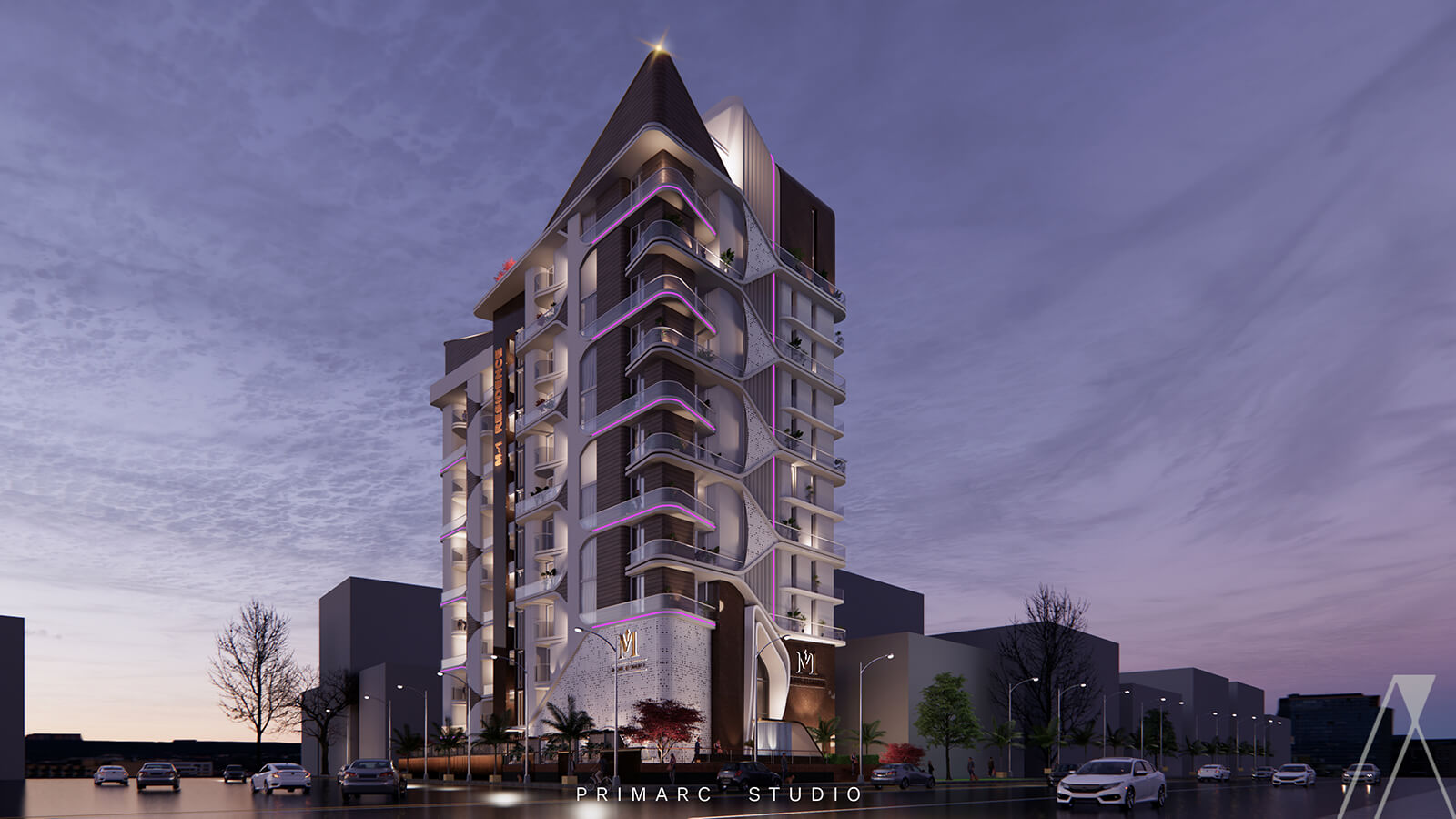 Evening view of modern exterior commercial design and 3d visualization by Primarc Studio