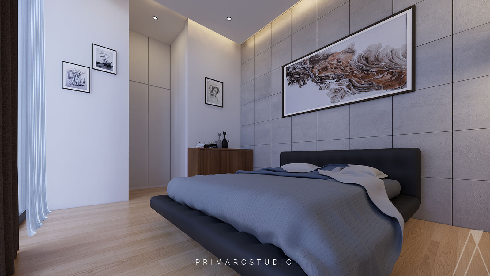 Bedroom interior design with square tiles and attached washroom