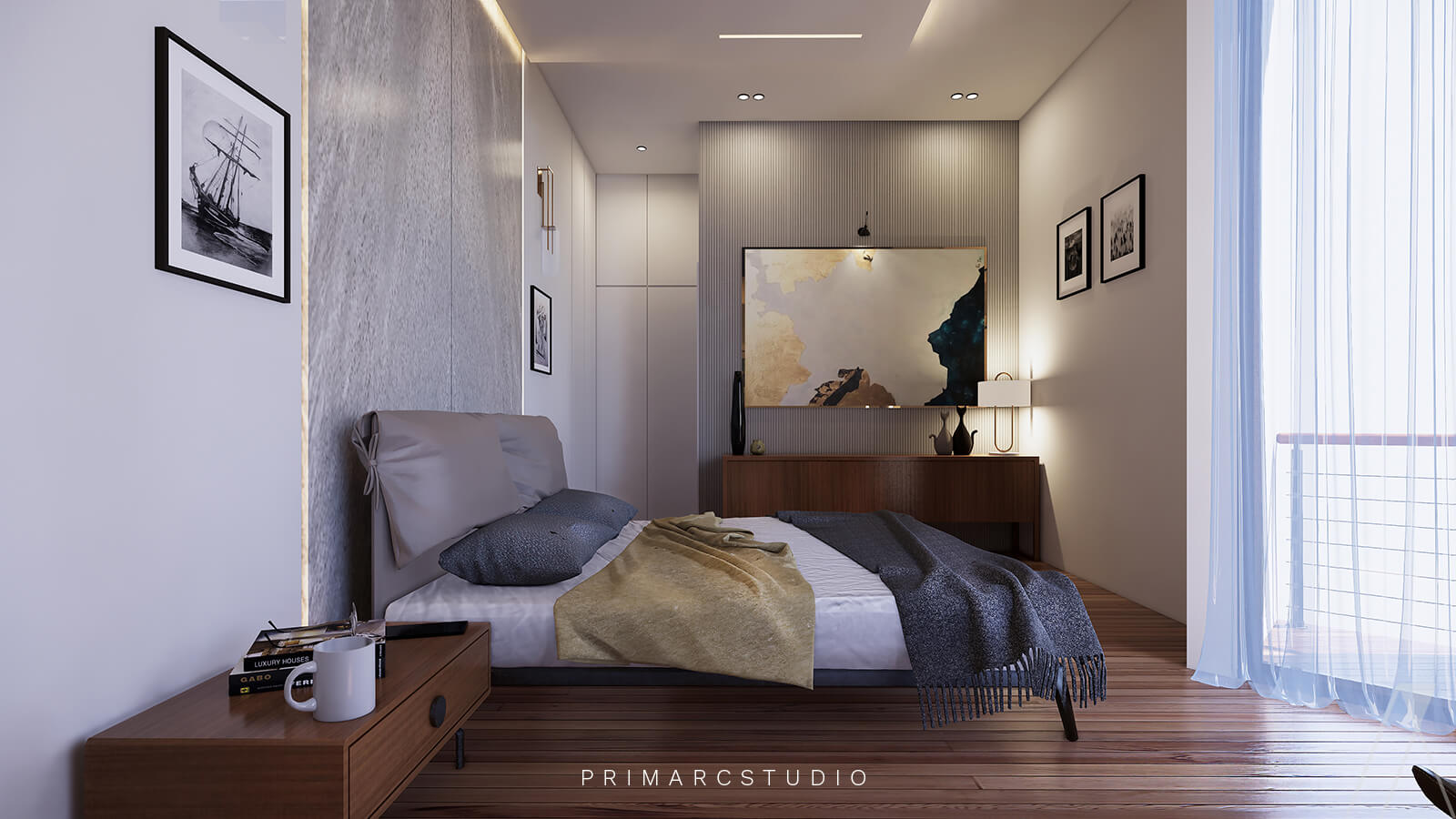 Bedroom interior design with balcony and paintings in the room