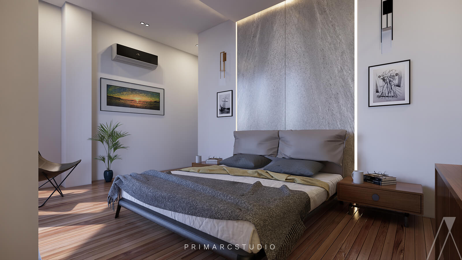 Bedroom interior design with backlit bedroom wall