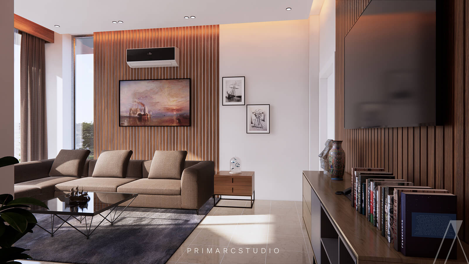 Lounge interior design with the tv and main door