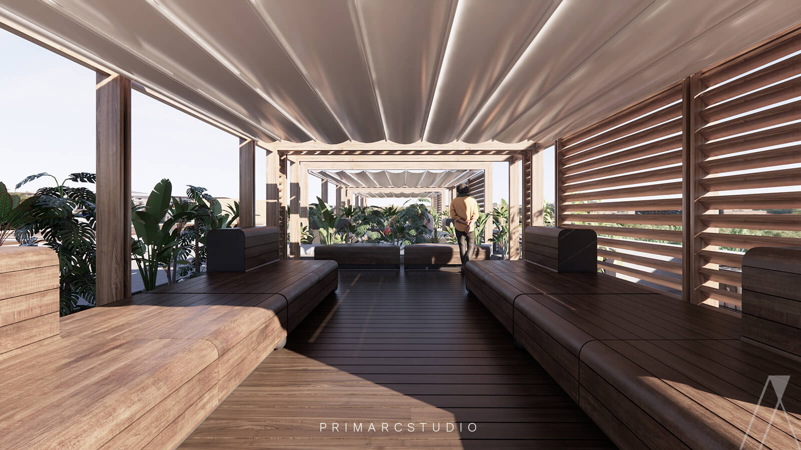sitting area on the roof with roof and wooden deck
