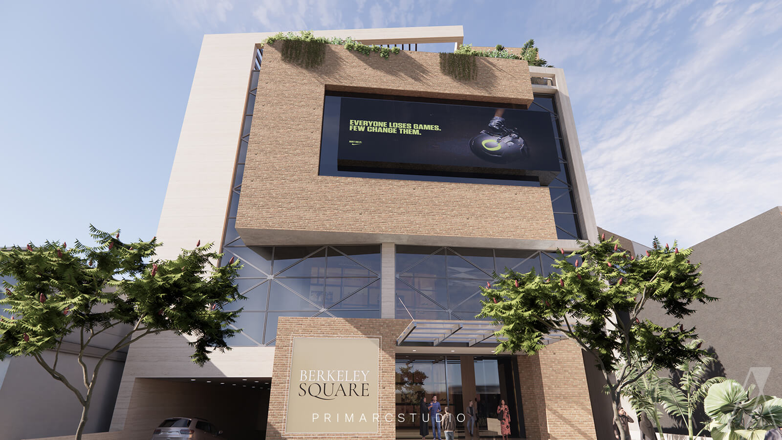 Exterior design of mall with windows, bricks and concrete and greenery