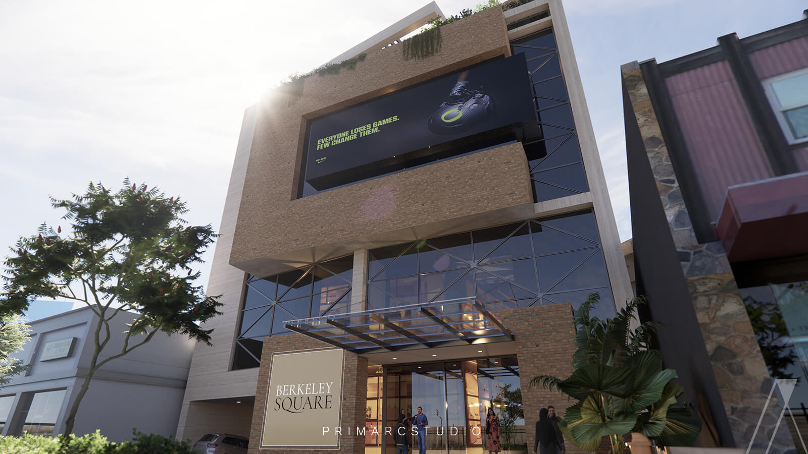 Exterior design of mall with windows, bricks and concrete and greenery in Rawalpindi