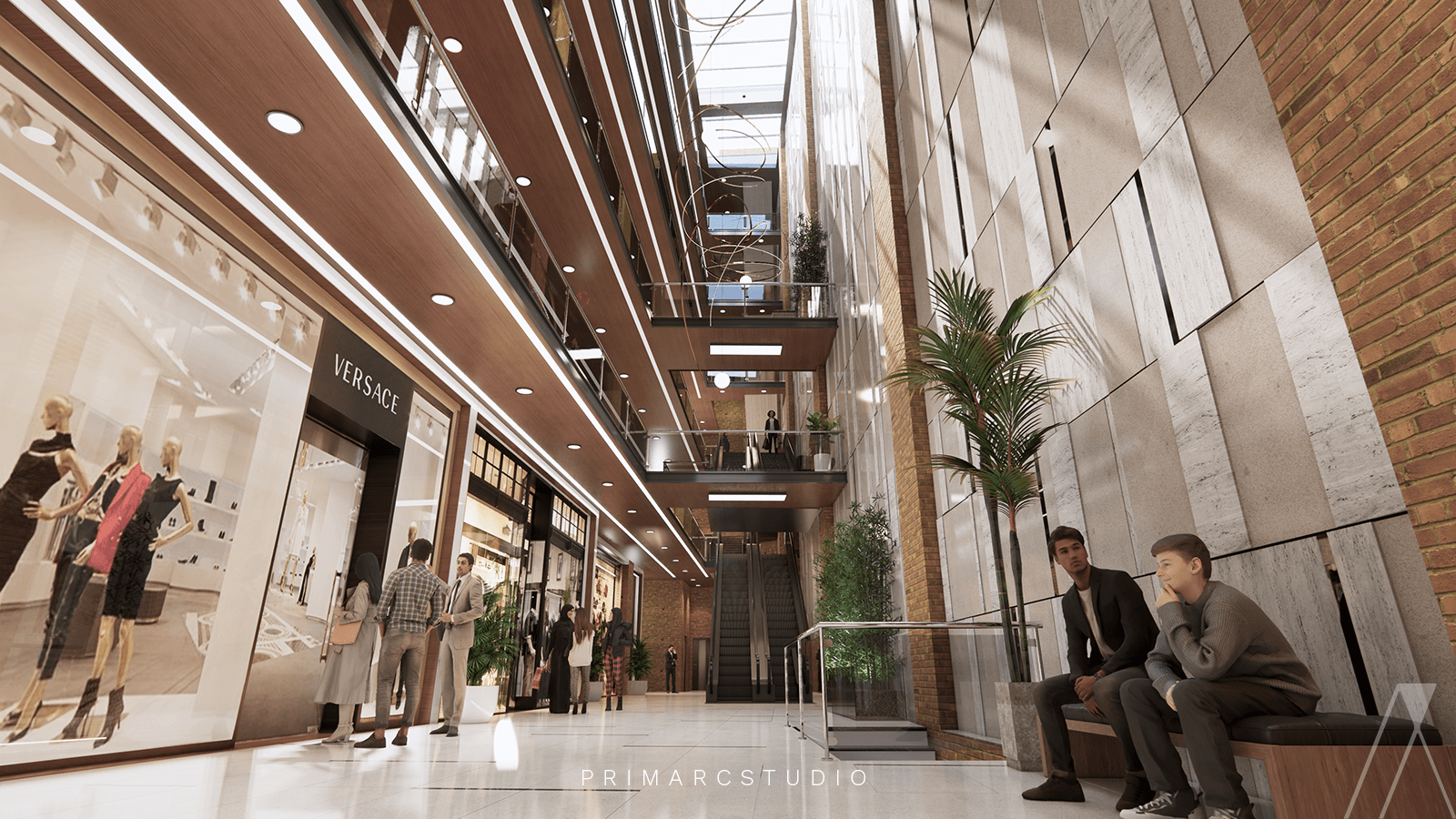 Atrium design with shops on the side - well lit overall