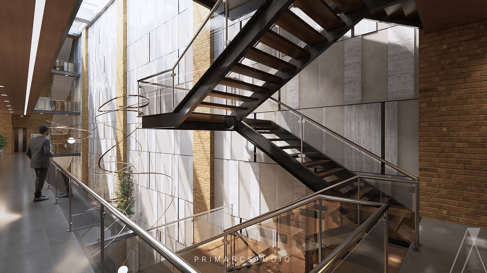 Interior design with stairs and escalators