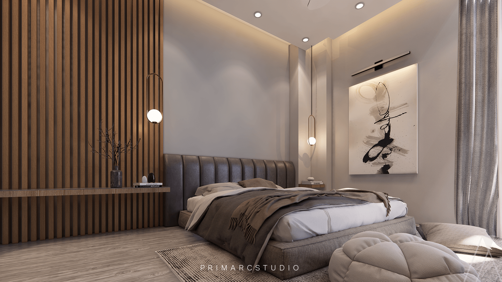 interior design of bedroom with wooden touch and bahaus minimalist feel