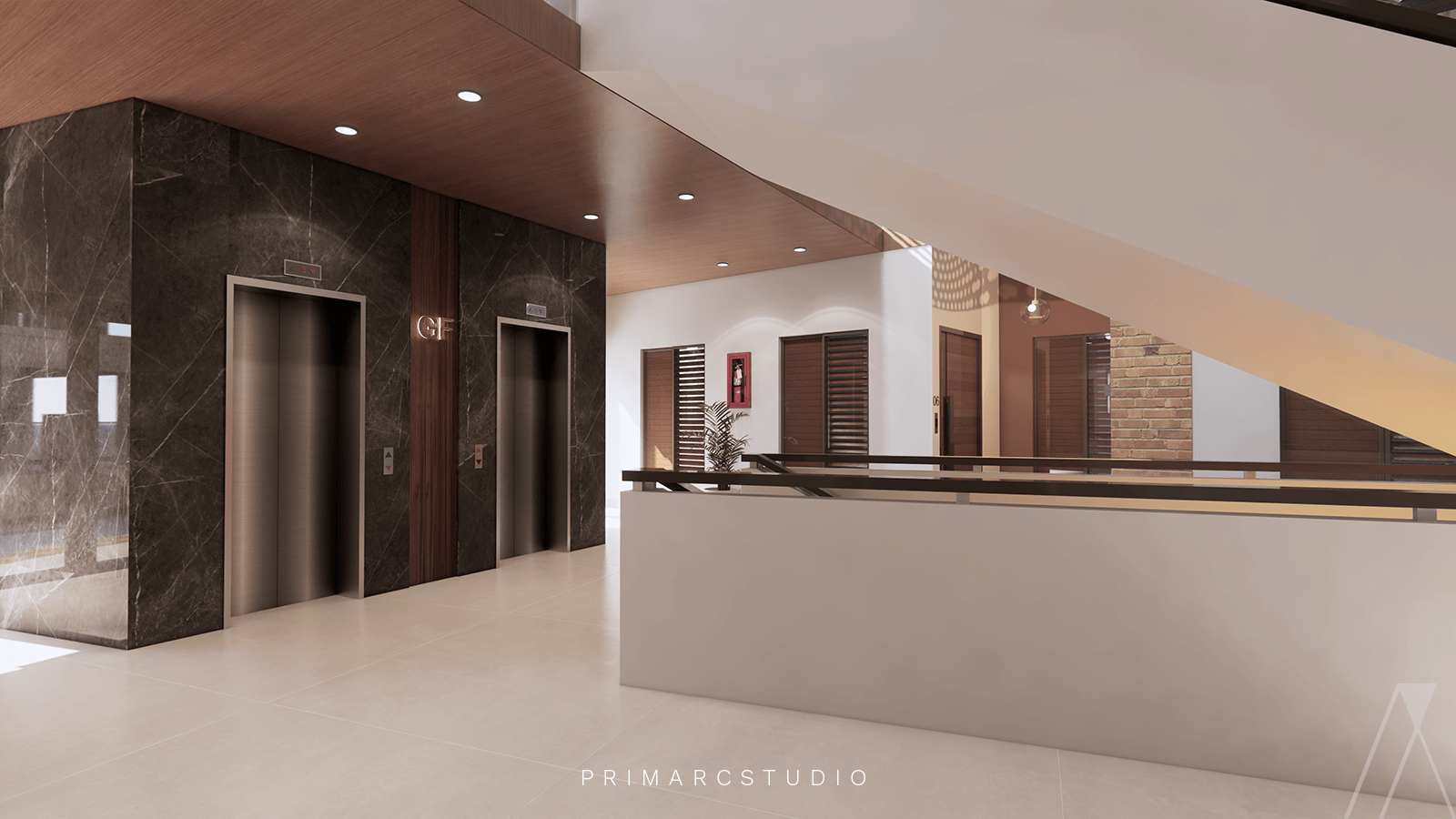 lobby design with lifts and stairs