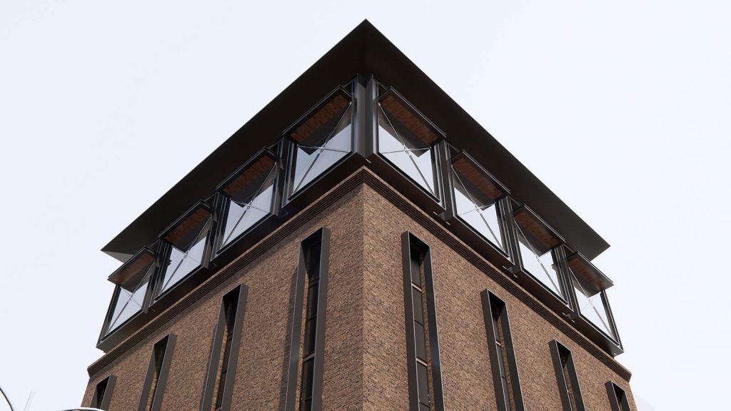 Exterior design of a commercial building with bricks and steel structure