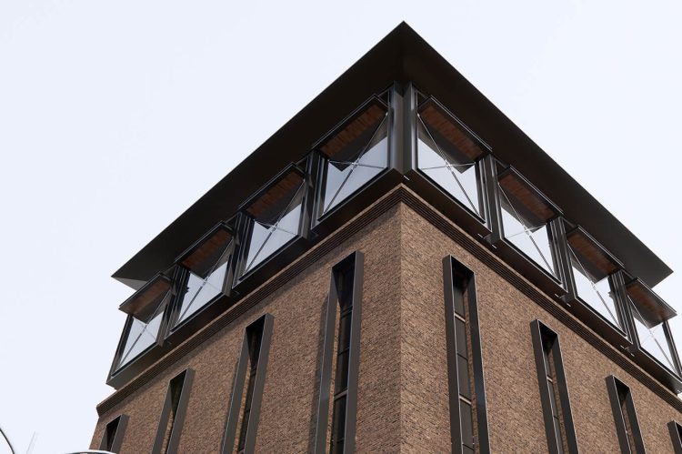 Exterior design of a commercial building with bricks and steel structure