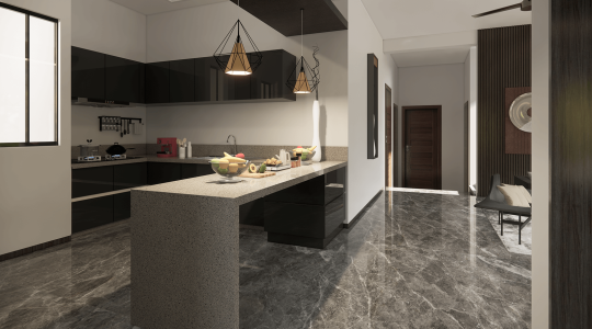 kitchen design and interior design render for a house in DHA II Islamabad