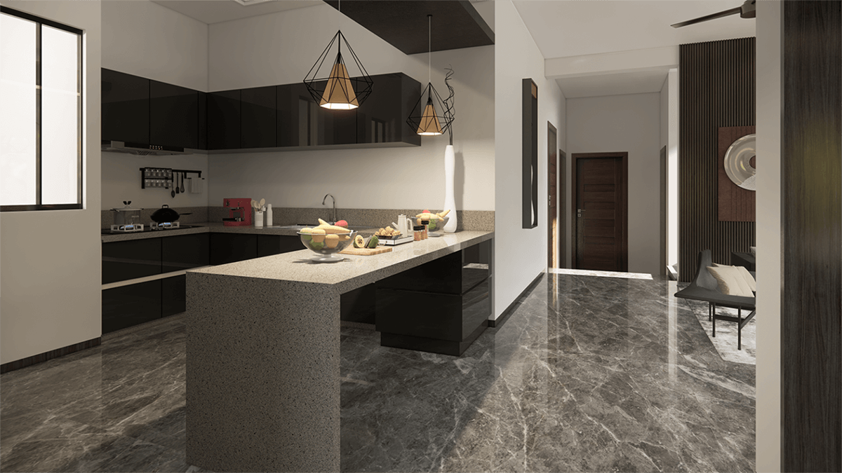 open kitchen design and interior design render for a house in DHA II Islamabad
