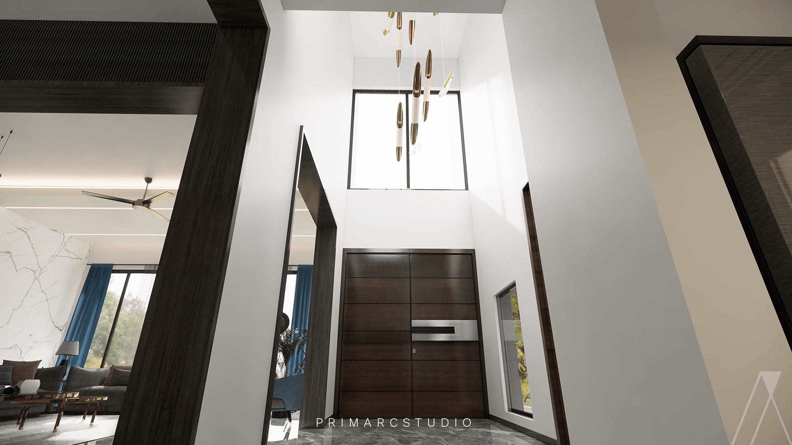 Interior design and view of the double height lobby at entrance