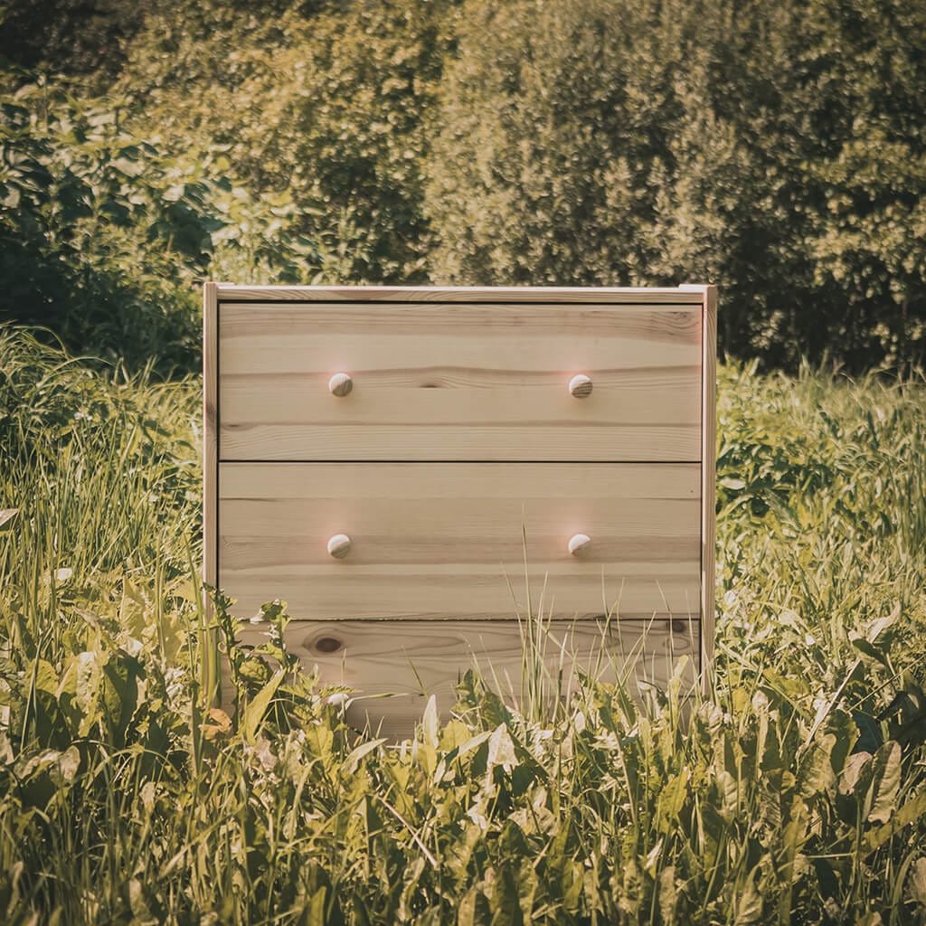 Storage unit standing in grass and leaves and trees