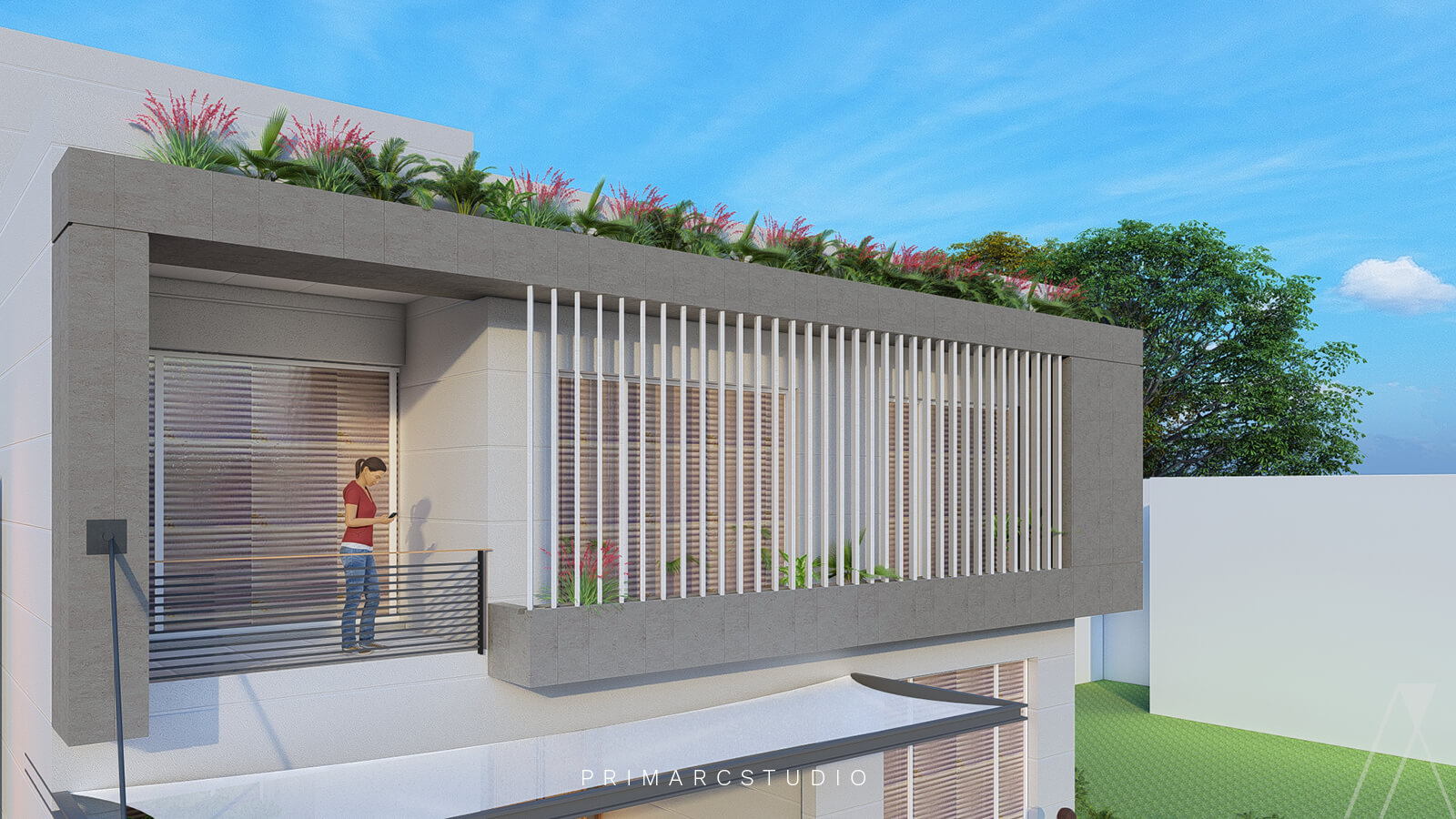 Exterior design of house with louvers and balcony