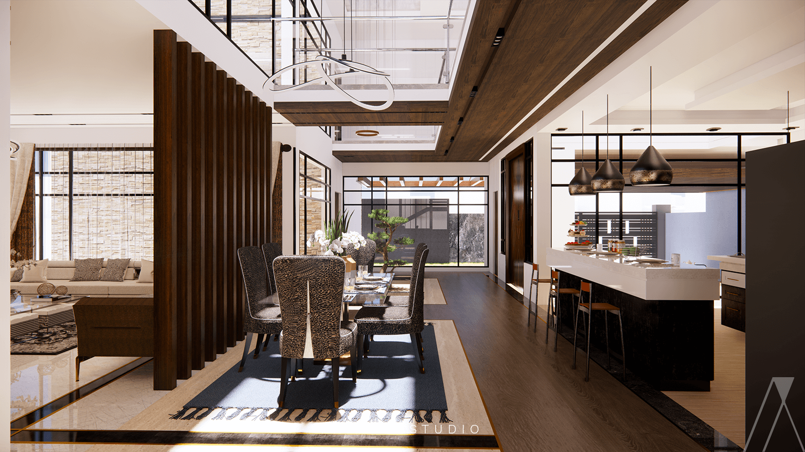 Dining table and open kitchen design - View from main house lobby