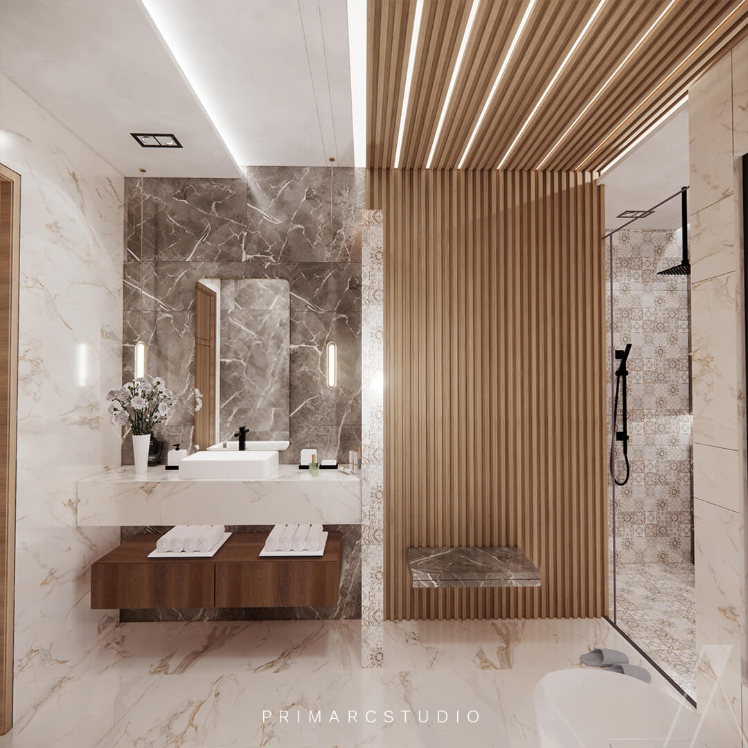 Modern washrooms interior design with wood and light brown colour