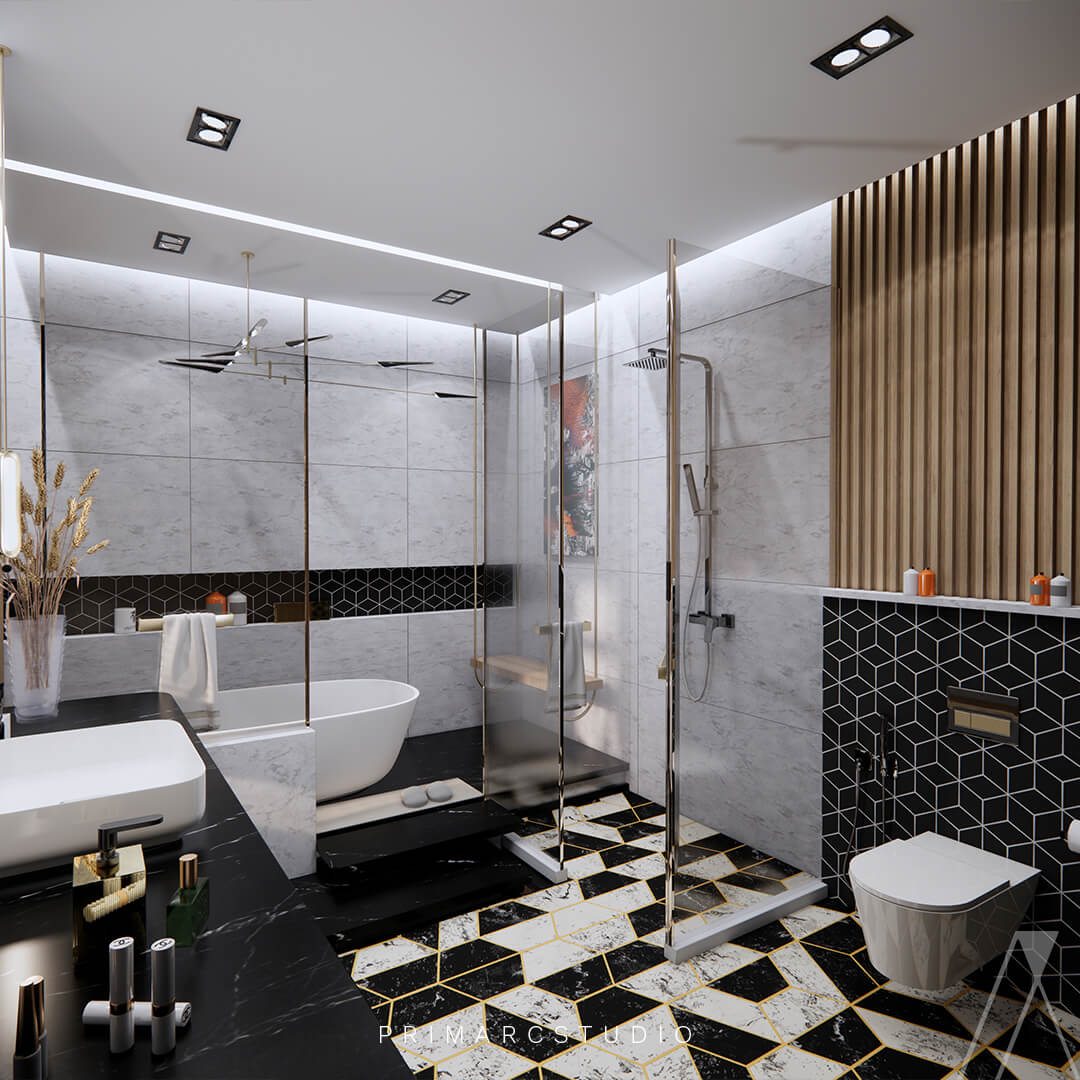 Modern washrooms interior design with wood and black and white colour accents