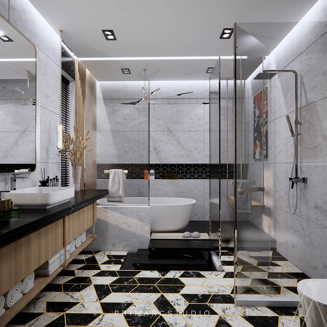 Modern washrooms interior design with wood and black and white colour accents