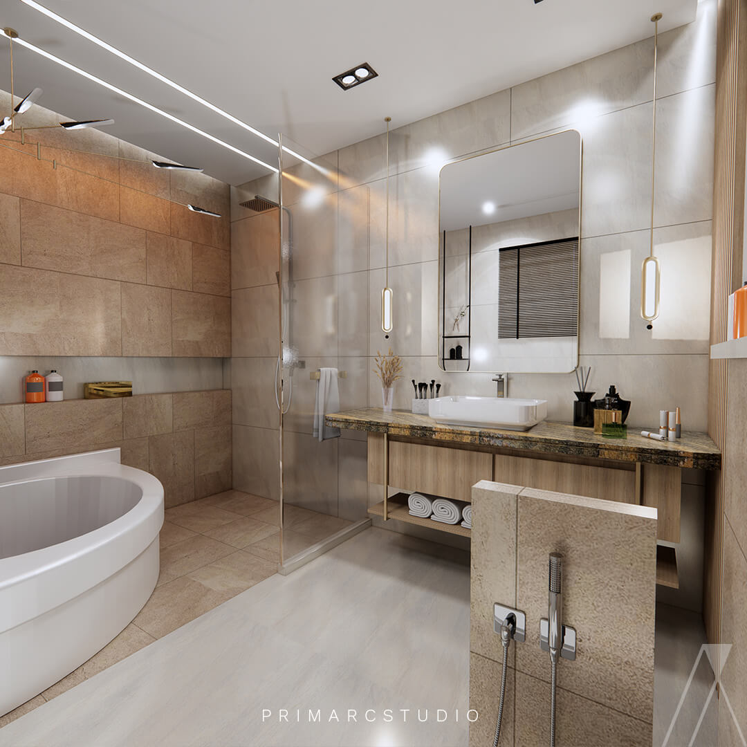 modern washroom interior design with brown and grey theme