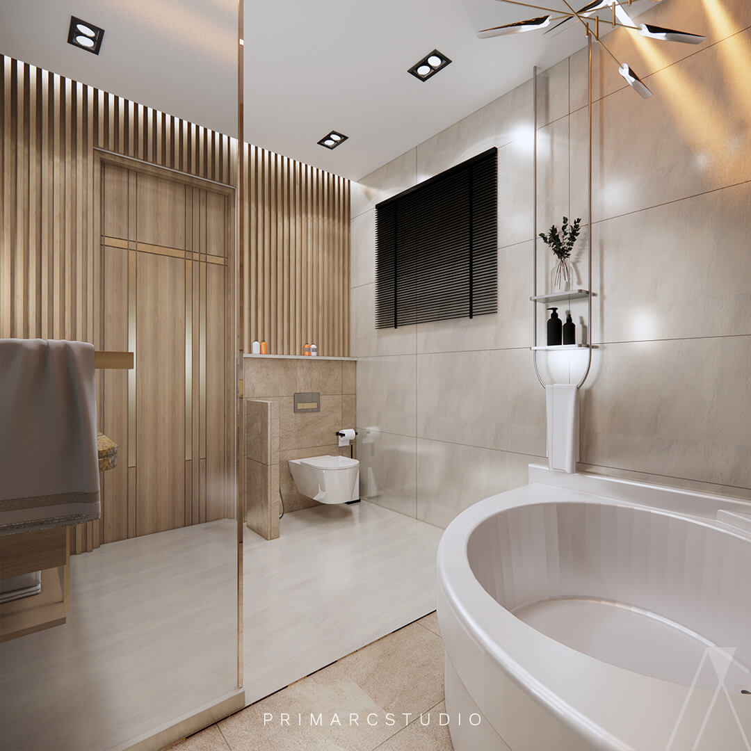 Modern washrooms interior design with wood and brown colour