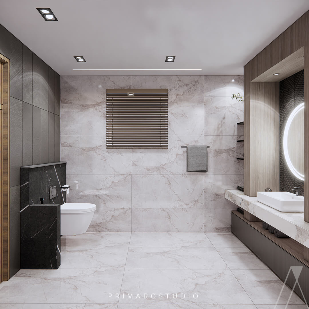 Modern washrooms interior design with wood and brown colour