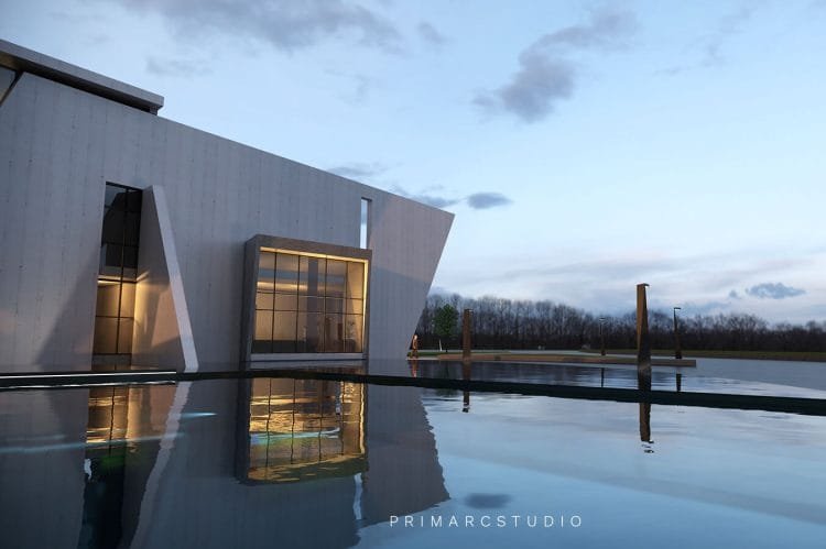 Water body infront of the reception area of office design