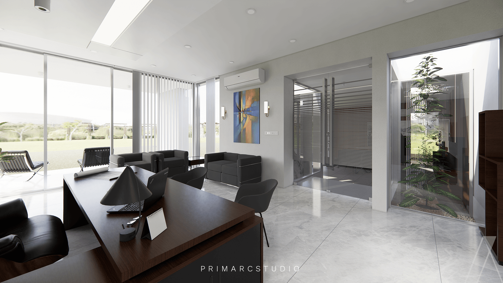 main office interior design with view towards the outside