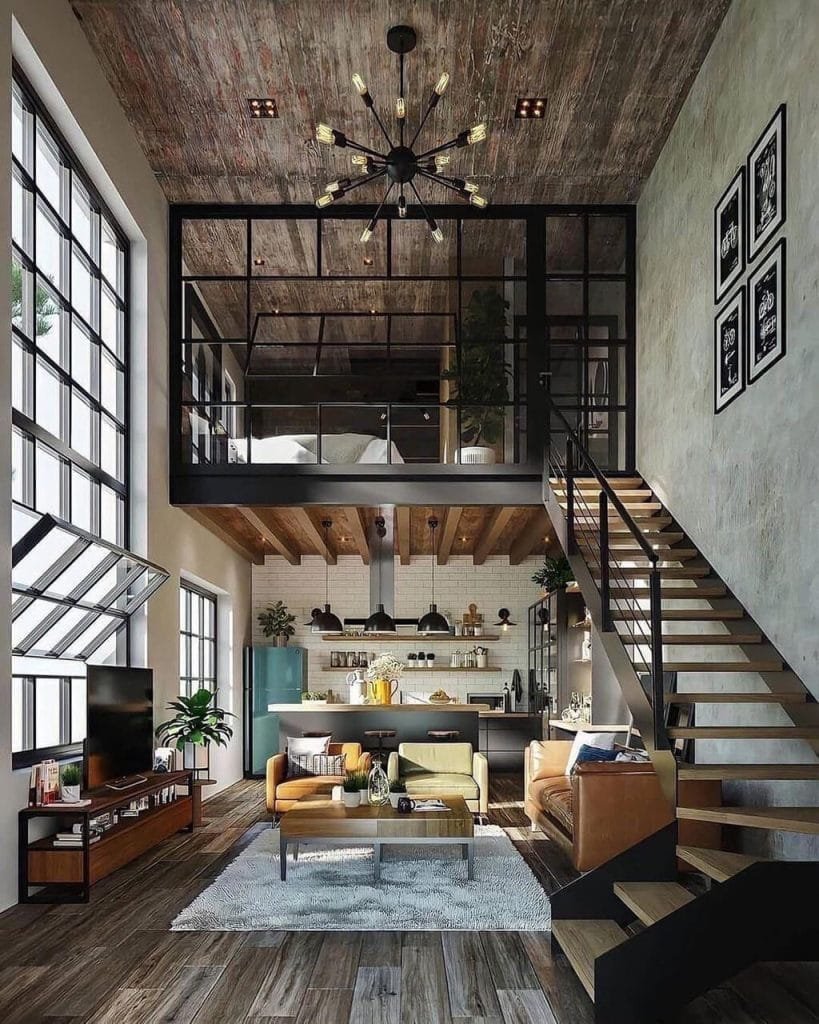 Loft in industrial boho living room style