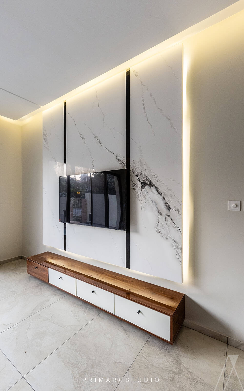 Master bedroom media wall design with marble texture