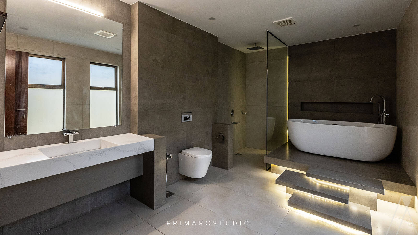 Master washroom with corian custom sink designed by Primarc Studio