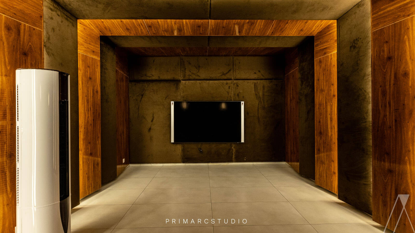 Media room in the basement with soundproof walls and lighting