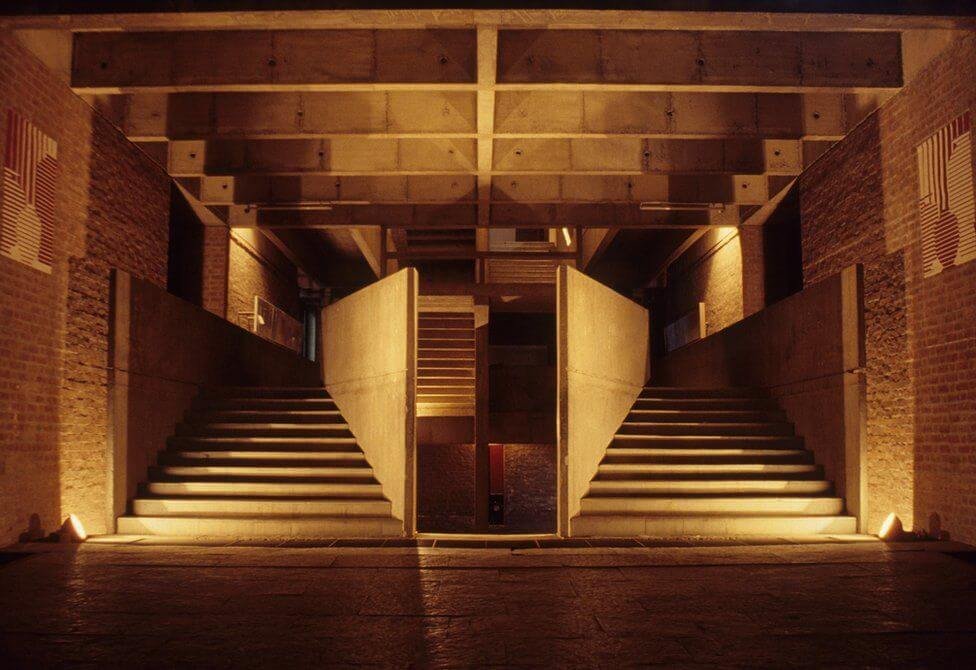 Building entrance in the evening and artificial light