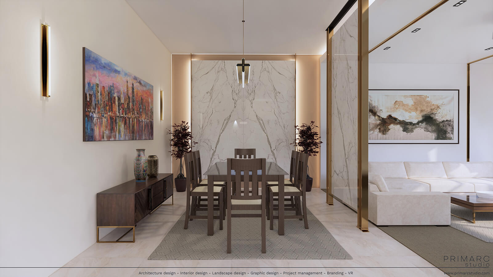 Interior Design of Dining room with free standing marble wall and dining room on the opposite side.