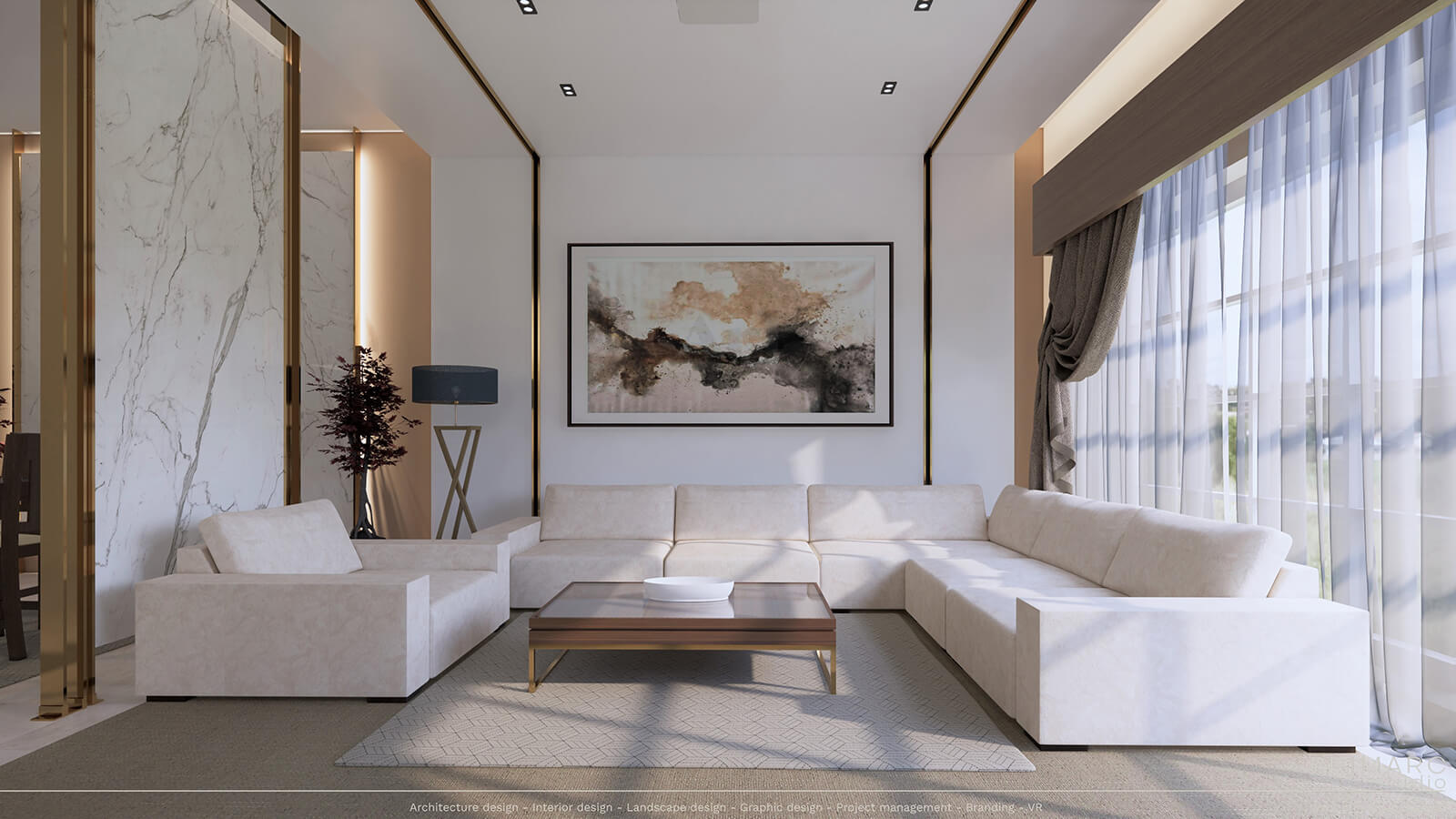 Interior design of lounge with painting on the back wall and curtains on the right side with free standing wall on the left side