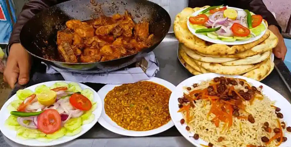 naan with rice and daal dn salad and dumba karahi