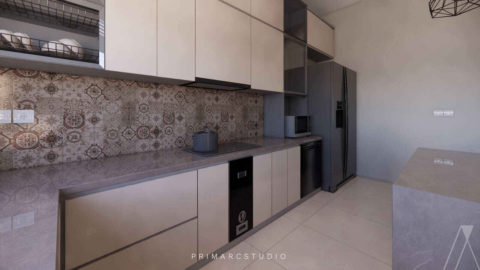 Pattern tile on the wall and kitchen interior design by Primarc Studio