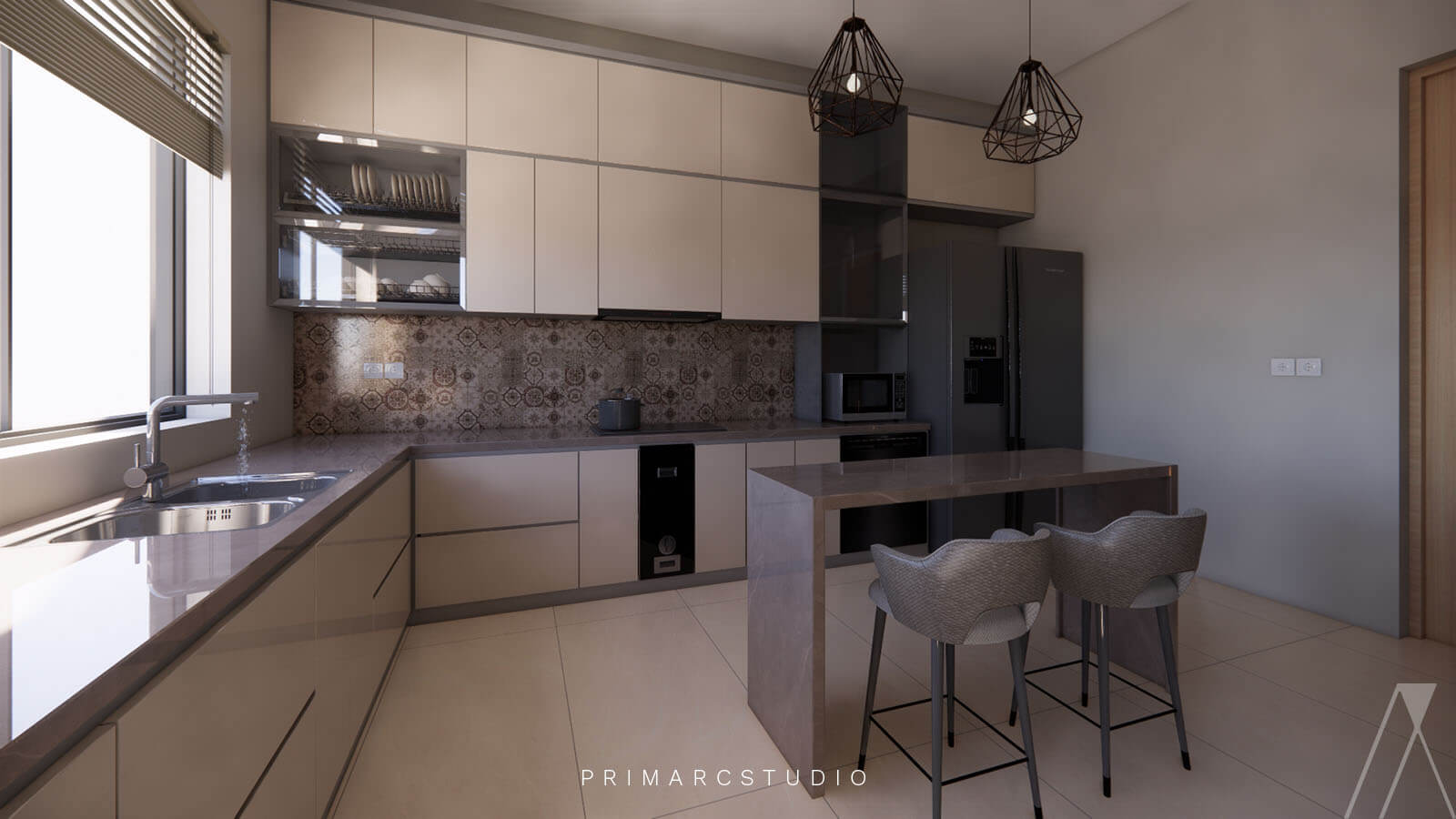 Kitchen interior design with island in the middle with chairs for breakfast