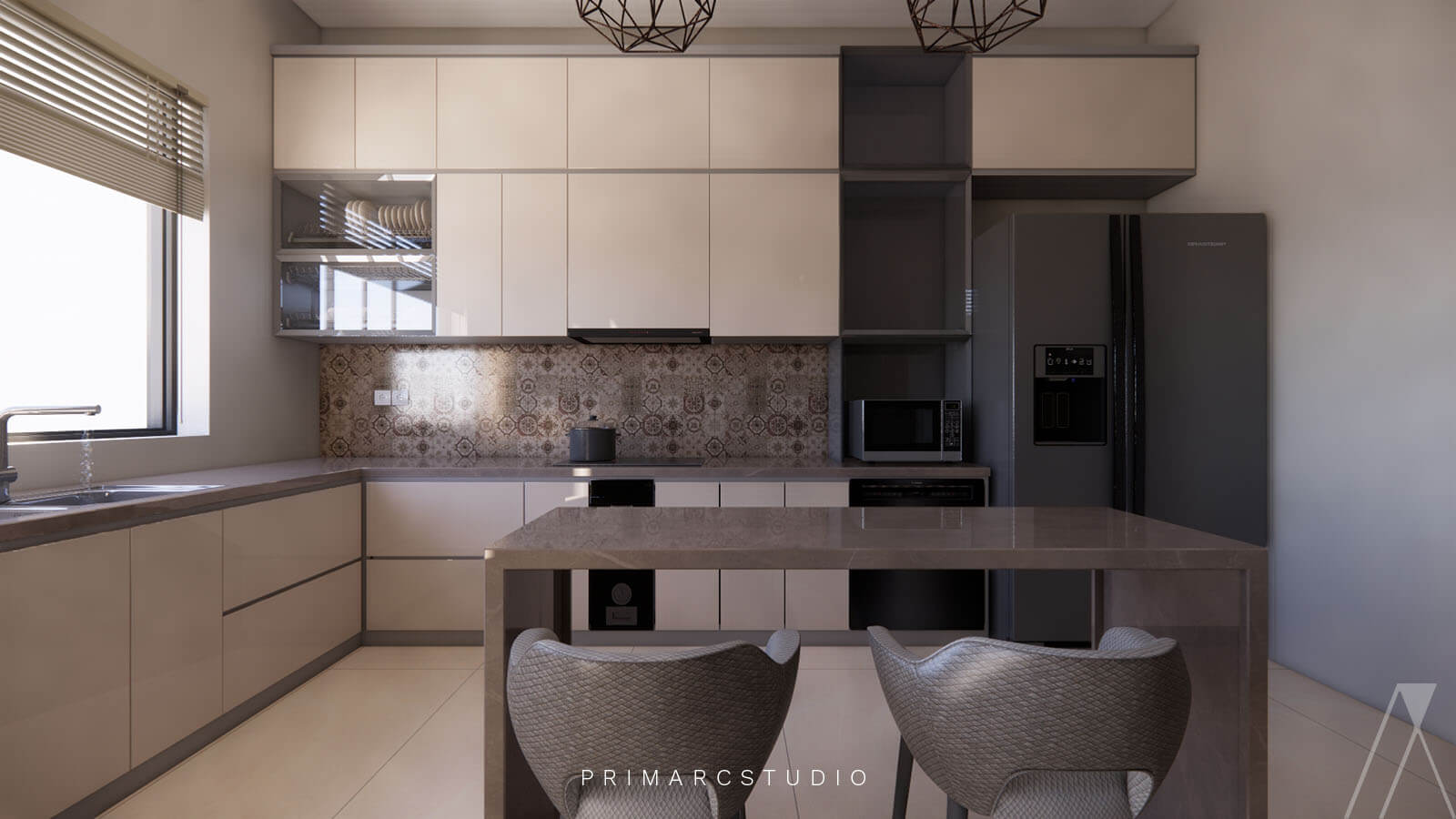 Kitchen interior design with cabinets, fridge and sink designed in Naval Anchorage