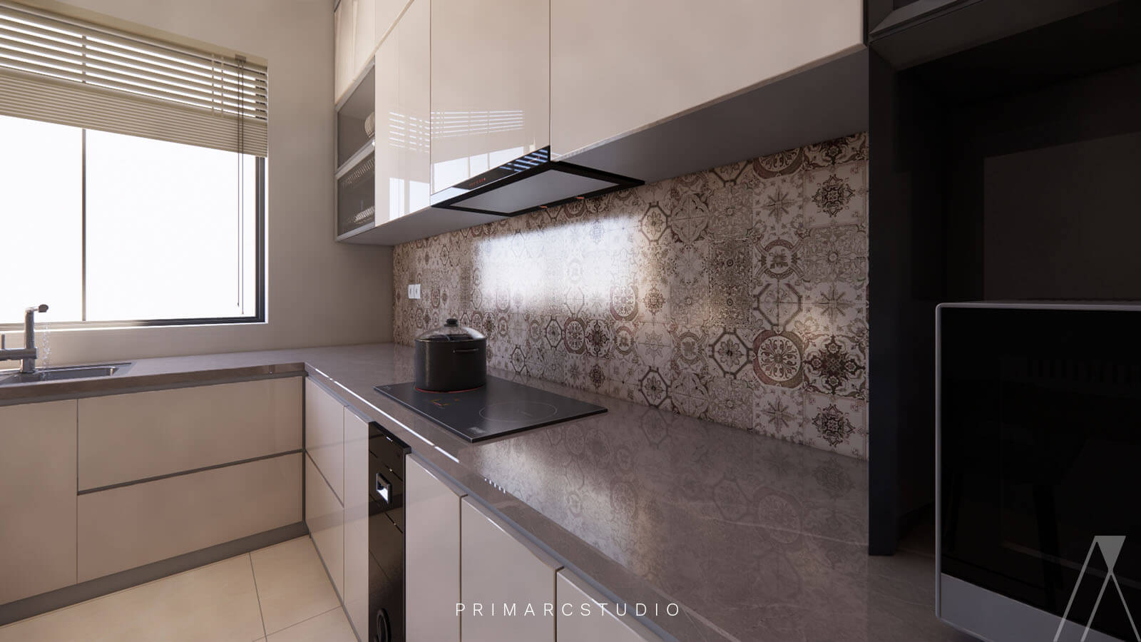 Kitchen interior design with marble slab and tile on the wall.