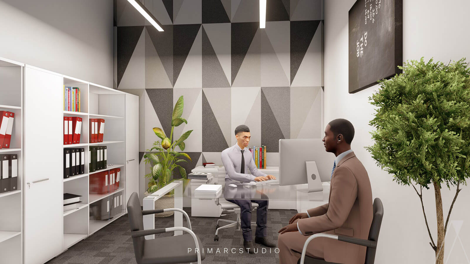 Office manager office design with geometric pattern on wall