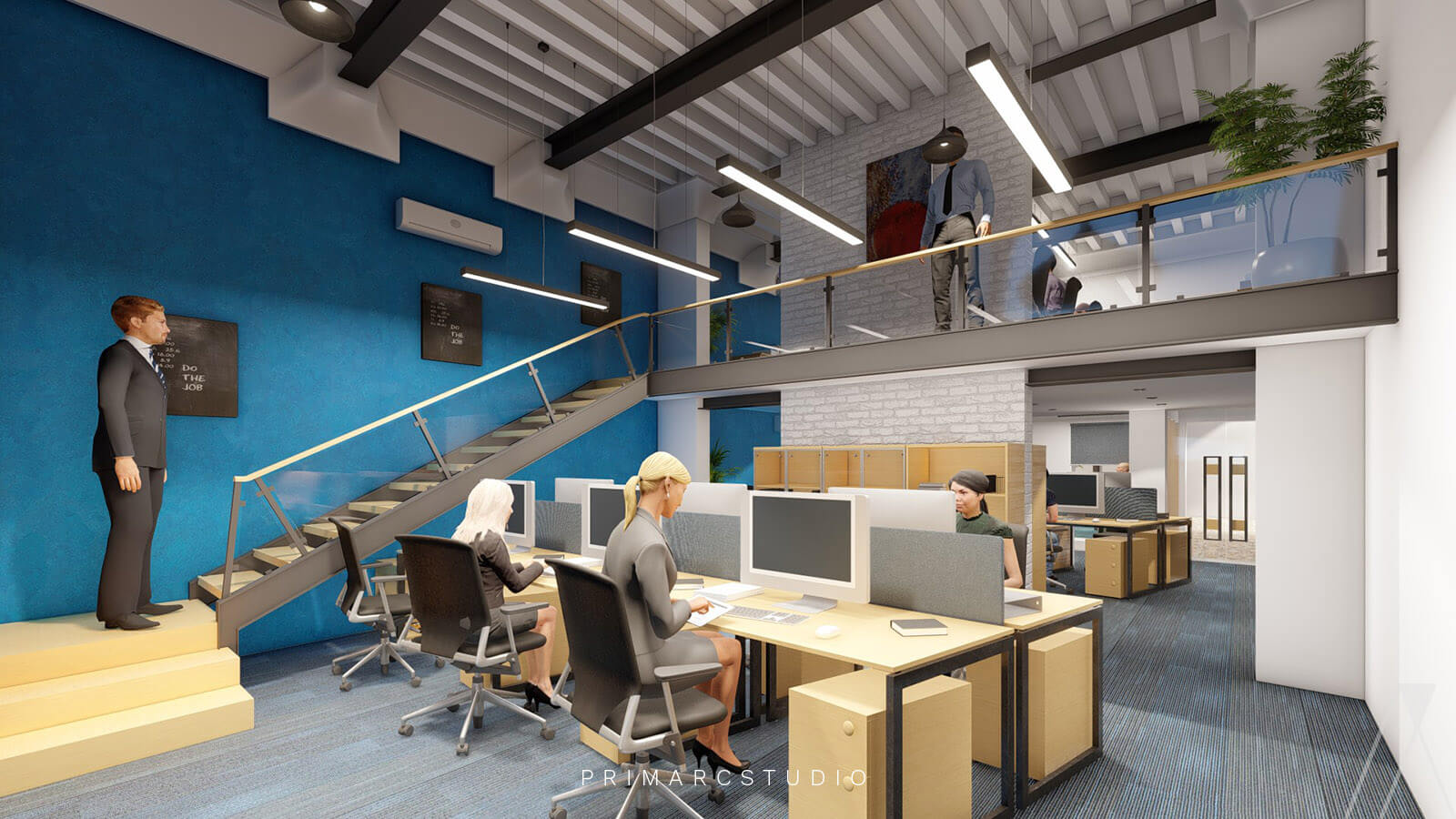Office blue interior background with double storey provision for officer workers