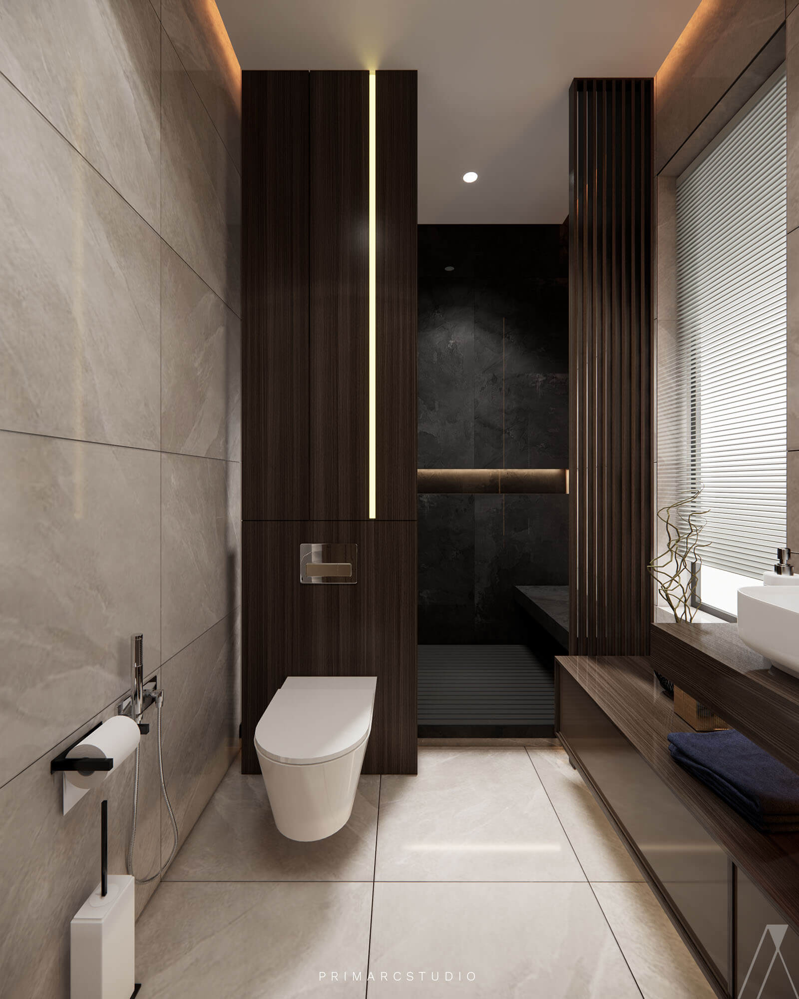 Washroom interior design in in wooden and beige colors