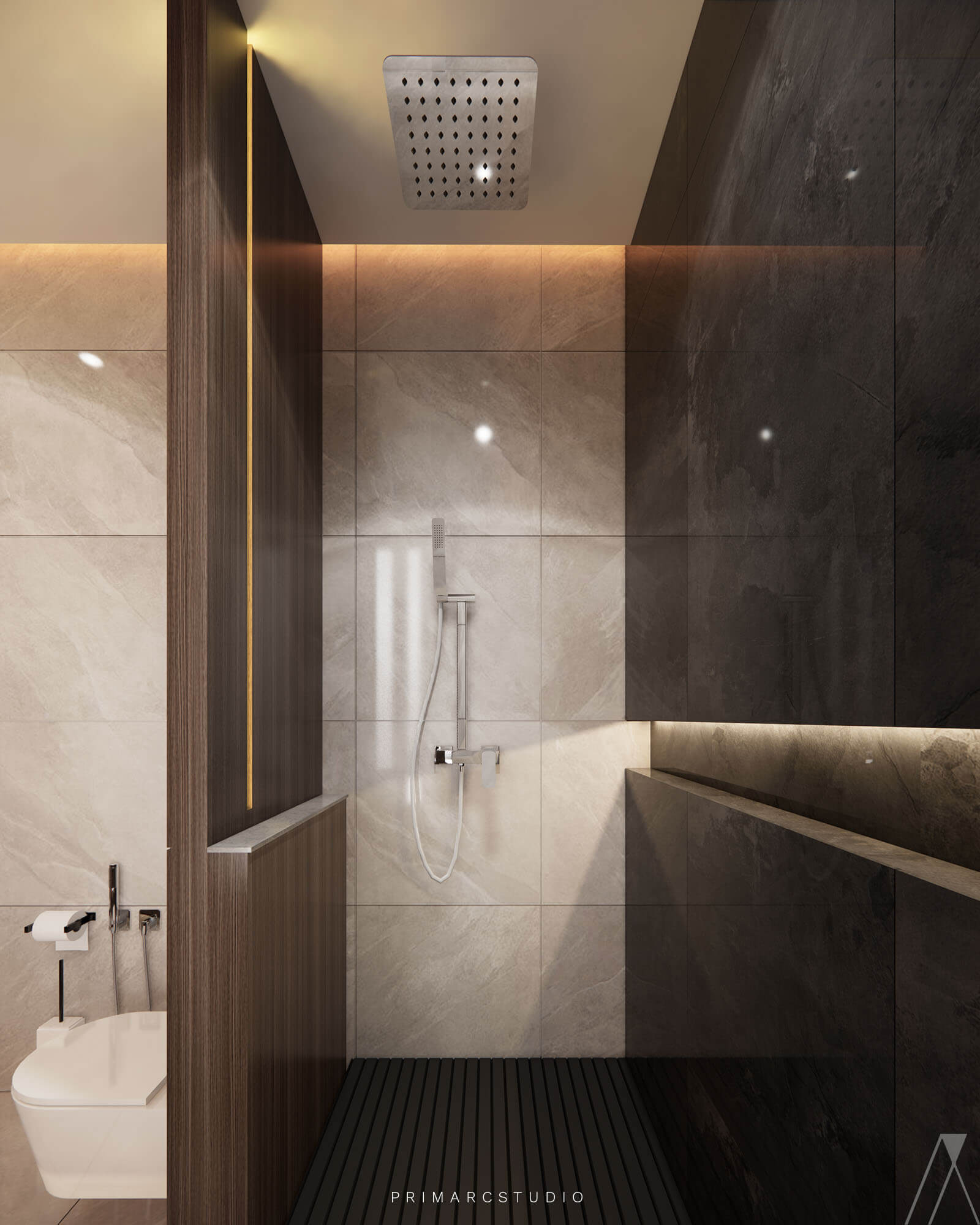 Washroom interior design with niche in the shower area in wooden and beige colors