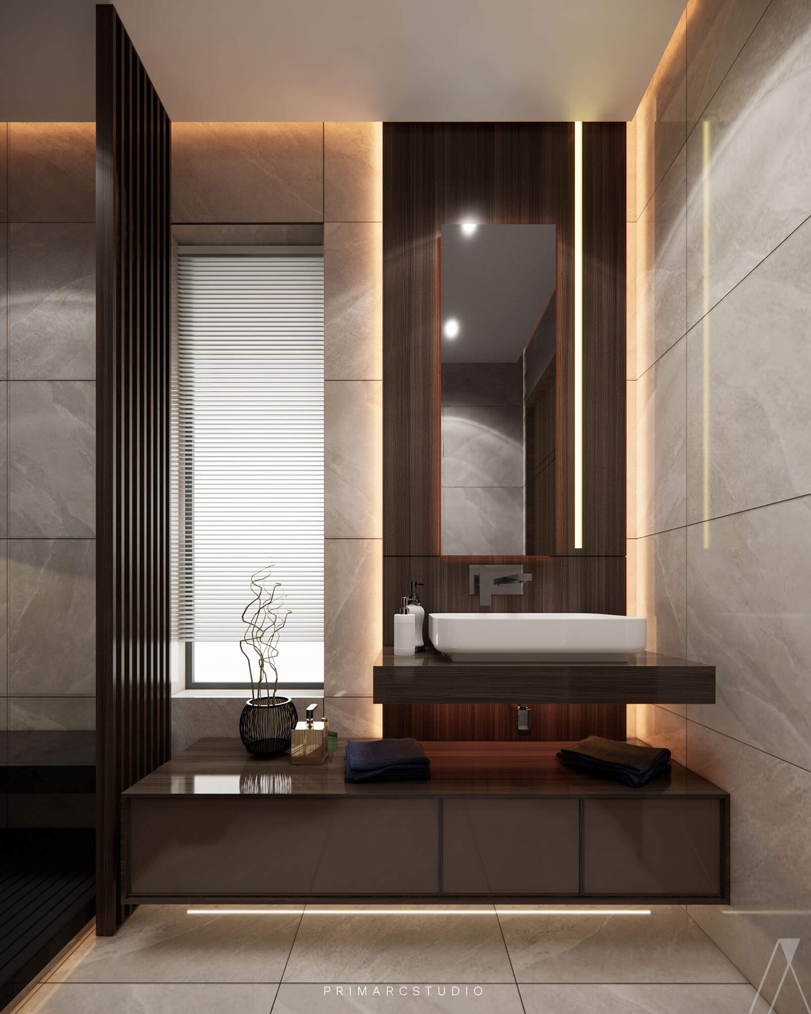 Washroom interior design sink design in wooden and beige colors