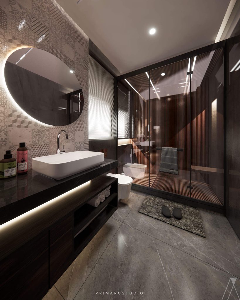Washroom interior design in neutral colours and round mirror