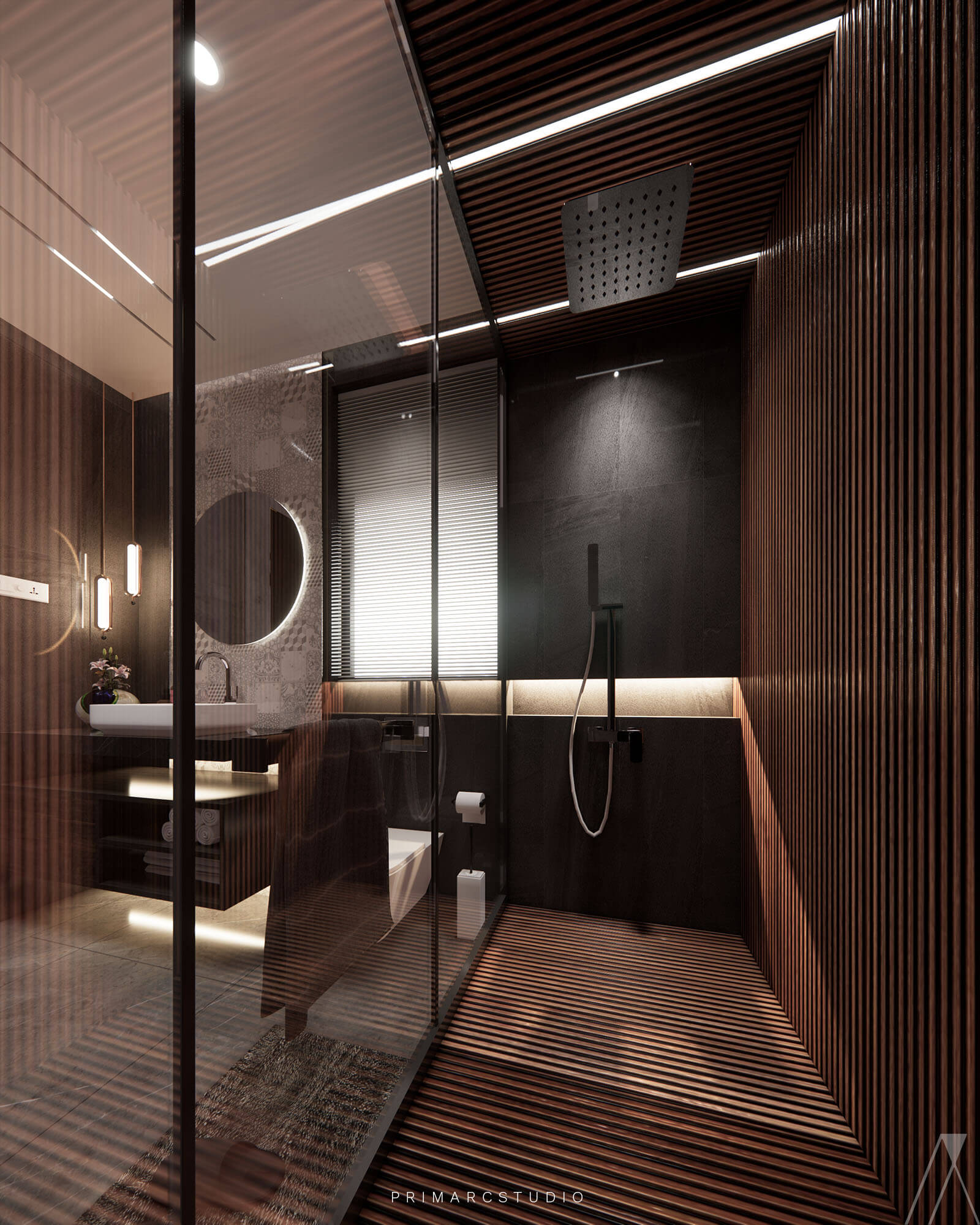 Washroom interior design in neutral colors and round mirror